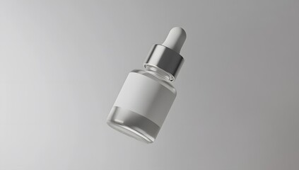 Minimalist glass dropper bottle with clear liquid and floating droplets on a reflective surface