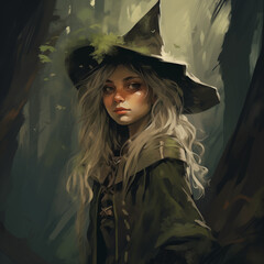 Portrait of a female gnome wizard in a forest from a fantasy world.