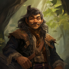 Portrait of a medium-complexion male gnome in a forest from a fantasy world.