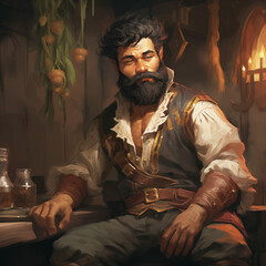 Portrait of a dark-haired male gnome in a tavern from a fantasy world.