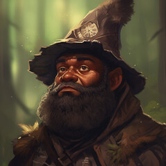Portrait of a dark-complexion male gnome in a forest from a fantasy world.	