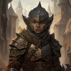 Portrait of a male gnome warrior in a tavern from a fantasy world.