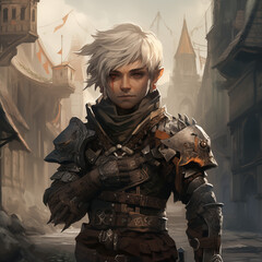 Portrait of a white-haired male gnome warrior in a tavern from a fantasy world.