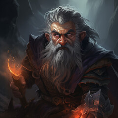 Portrait of a grey-haired male gnome wizard in a tavern from a fantasy world.