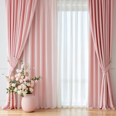 A serene interior featuring pastel pink curtains, sheer white drapes, and a soft-toned flower bouquet on a wooden floor. Perfect for home decor, interior design, or hospitality branding.