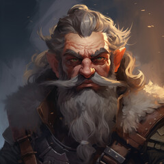 Portrait of a grey-haired male gnome warrior in a tavern from a fantasy world.