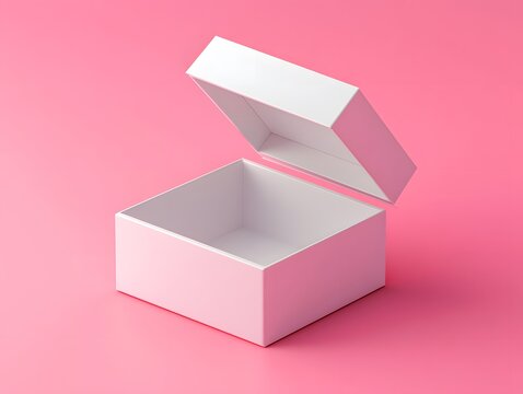 Minimalist white open gift box on pink background, simple 3D packaging design concept