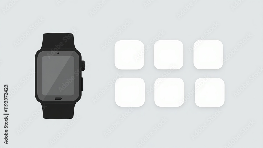 Poster smartwatch displaying blank application icons on screen