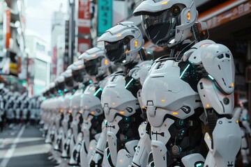 Fototapeta premium A lineup of futuristic robots in a bustling urban setting, showcasing advanced technology and design.