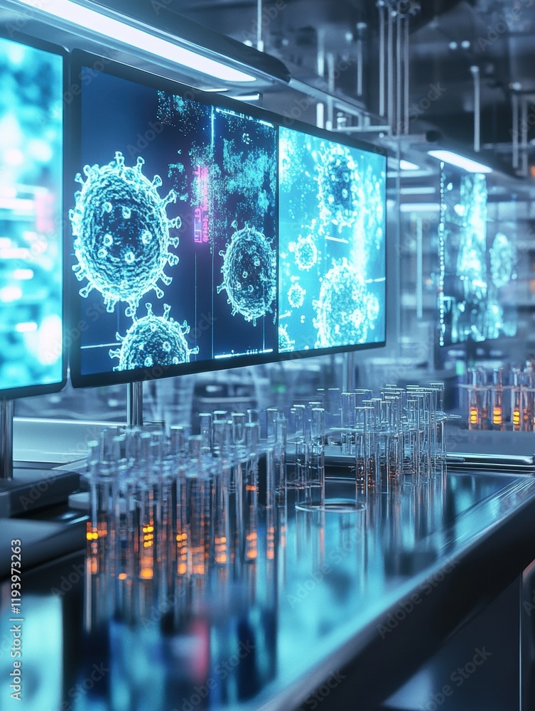 Aufkleber modern laboratory equipped with test tubes and glowing monitors showing virus imagery for scientific
