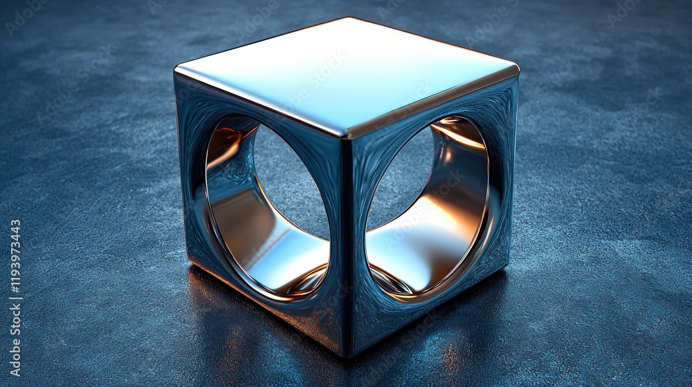 Poster metallic cube with circular cutouts: a study in light and reflection