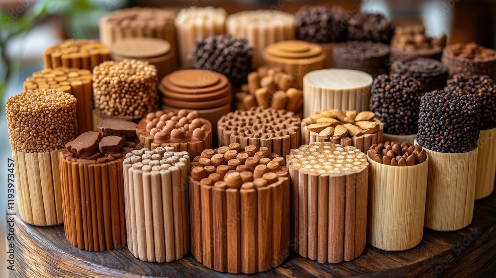 Aufkleber collection of various wooden shapes and textures displayed in an artistic arrangement on a rustic wo