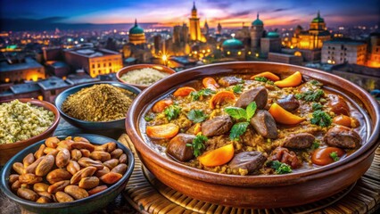 Traditional Moroccan Tagine with Nuts and Dried Fruits at Sunset