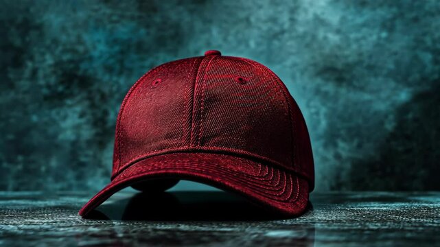 Red baseball cap resting on a reflective surface against a textured blue background