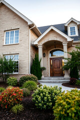 Fototapeta premium Luxury Brick House Exterior with Landscaped Garden and Walkway - Dream Home Architecture