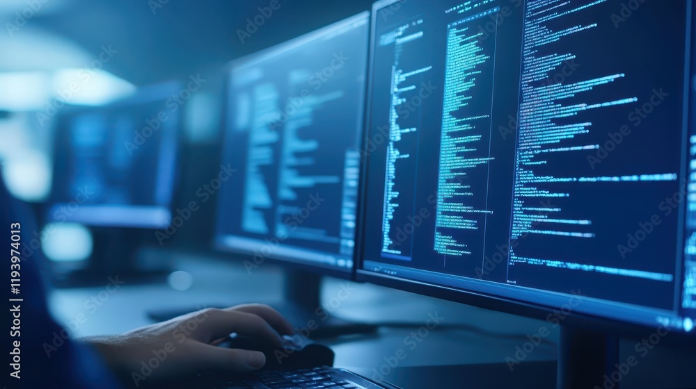 Poster focused person diligently typing on computer keyboard in modern workspace