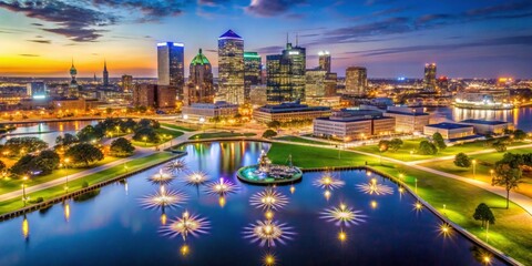Fototapeta premium Stunning Aerial View of Urban Skyline and Lake at Twilight