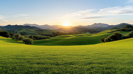 Obraz premium tranquil sunset over rolling hills, perfect for relaxation and reflection