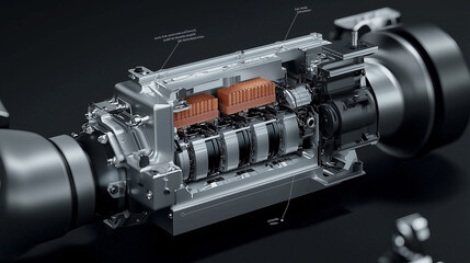 A visual breakdown of an electric vehicle's powertrain, featuring the battery cells and motor assembly