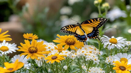Obraz premium butterfly resting on vibrant yellow and white flowers in garden