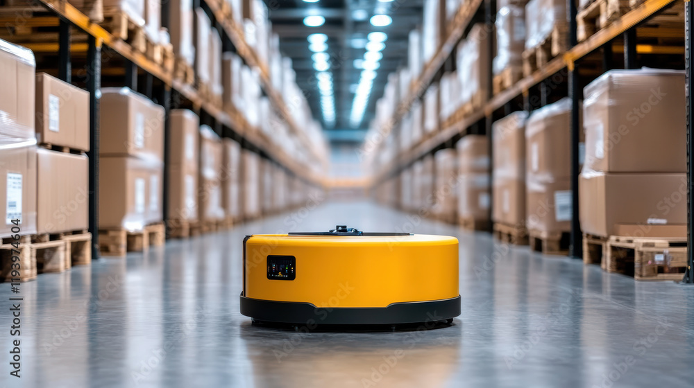 Poster automated robot moving cargo in warehouse with stacked boxes