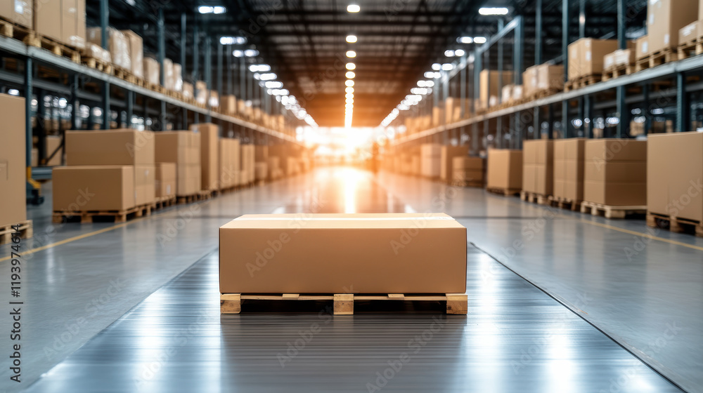 Poster efficient warehouse with automated systems sorting cargo at sunset