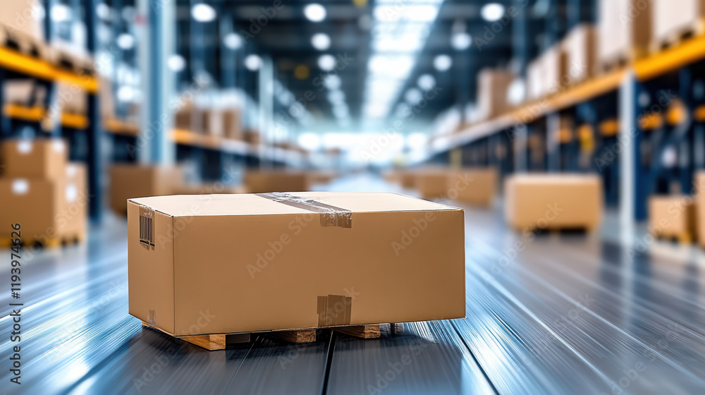 Poster cardboard box on pallet in warehouse with automated systems
