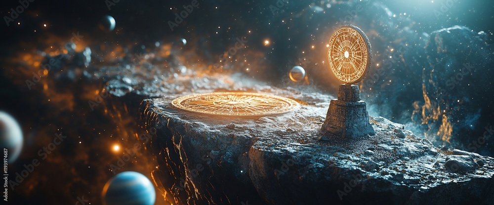 Aufkleber cosmic altar with glowing circular designs on a rock in space.