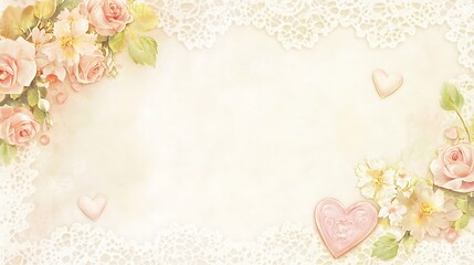 Delicate Pastel Roses Hearts Lace Romantic Background