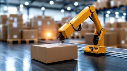 Fototapeta premium Automated robotic arm sorting cargo in modern warehouse environment