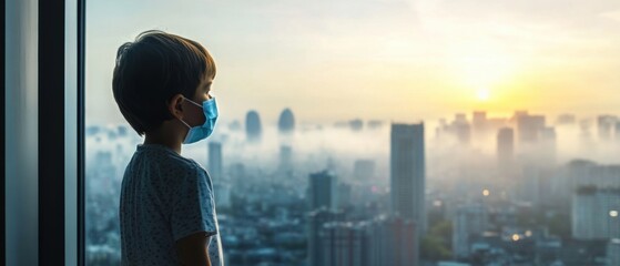 Obraz premium A young boy wearing a face mask looking out at a city skyline blanketed in smog during sunset.