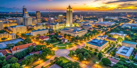 Obraz premium Aerial View of Urban Cityscape at Sunset with Vibrant Colors