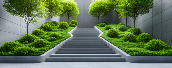 Fototapeta premium Green stairway, urban oasis, concrete walls