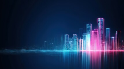 Fototapeta premium A vibrant, futuristic cityscape with neon blue and pink skyscrapers, reflecting on a serene surface.