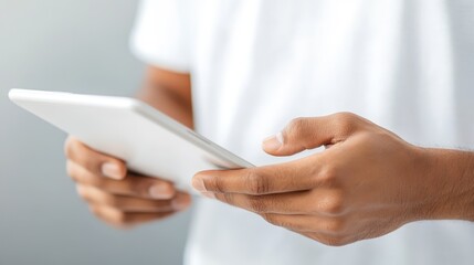 Man holding white tablet, exploring digital world of information
