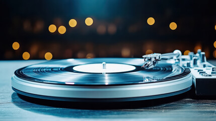 Close up of turntable with vinyl records and soft bokeh lights