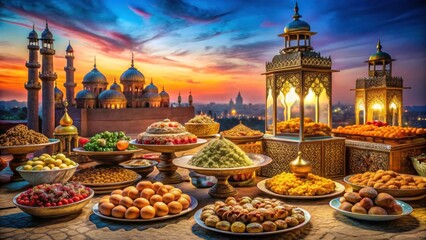 Obraz premium Exotic Middle Eastern Feast with Colorful Dishes at Sunset