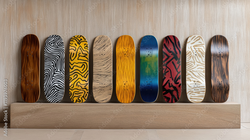 Poster colorful skateboard designs with unique patterns displayed on shelf