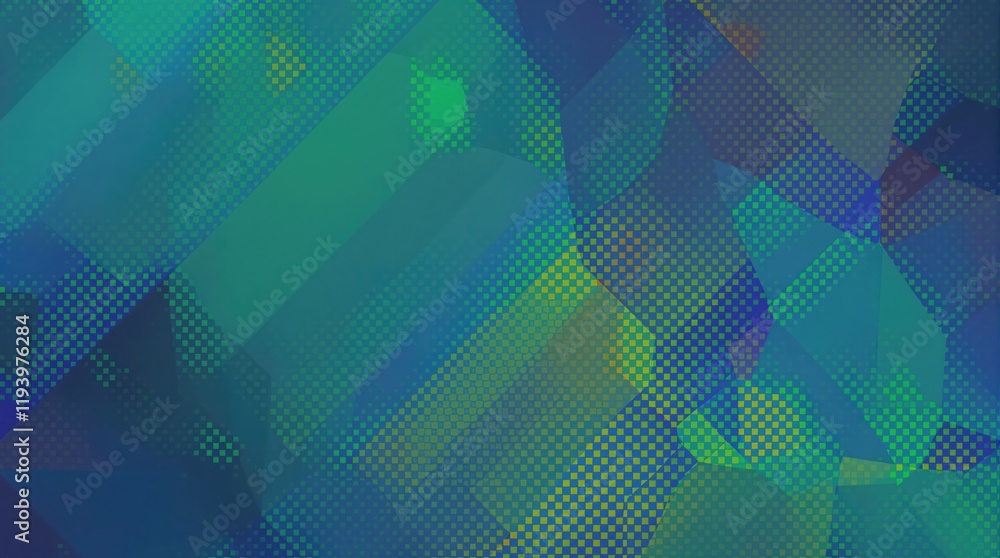 Poster Abstract geometric pattern in teal green and blue hues Halftone dots add texture and depth to overlapping shapes