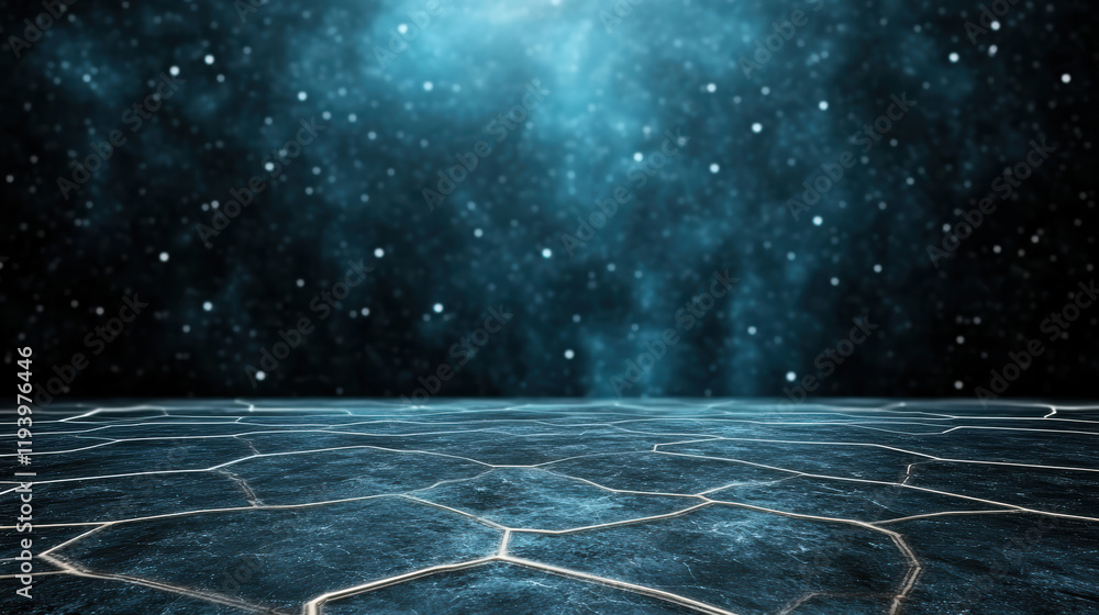 Poster cosmic landscape with glowing hexagonal patterns and starry background