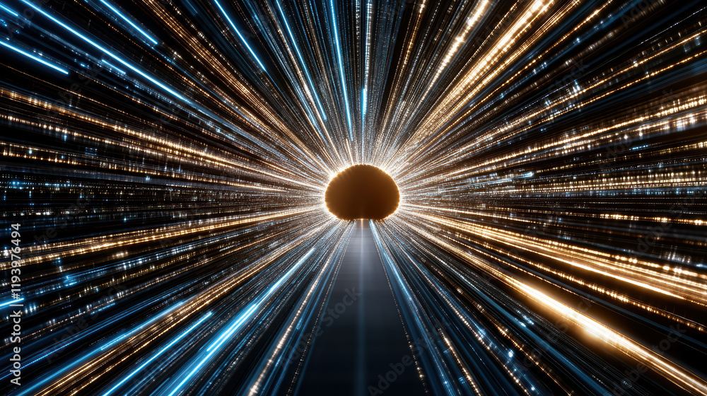 Poster cosmic tunnel with vibrant lines of light radiating outward, creating sense of speed and depth