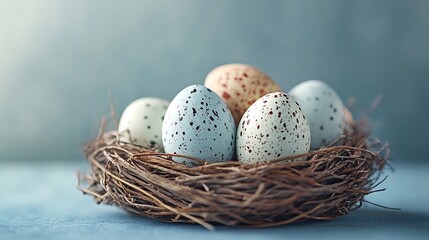 Obraz premium Elegant Easter Nest with Pastel Speckled Eggs on Blue Gradient