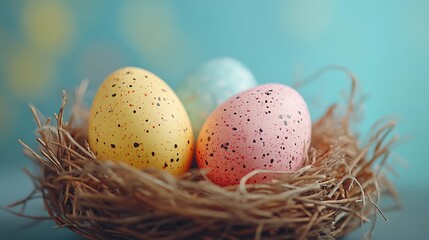 Obraz premium Elegant Easter Nest with Pastel Speckled Eggs on Blue Gradient