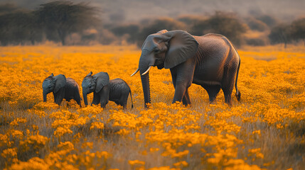 a mother elephant and her calf walking around the lake and yellow fields ai