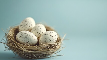 Obraz premium Elegant Easter Nest with Pastel Speckled Eggs on Blue Gradient