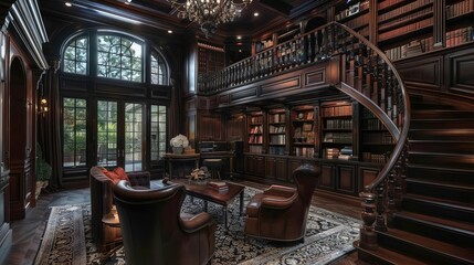 A luxurious library with dark wood, elegant furnishings, and a grand staircase for reading and relaxation.