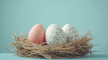 Obraz premium Elegant Easter Nest with Pastel Speckled Eggs on Blue Gradient