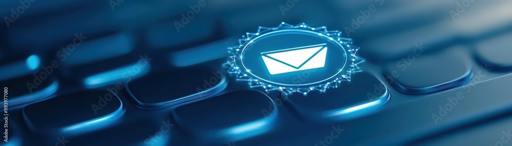 Poster closeup of blue email icon button on a modern computer keyboard