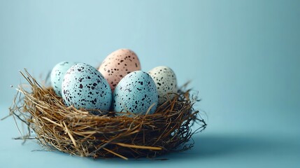 Obraz premium Elegant Easter Nest with Pastel Speckled Eggs on Blue Gradient