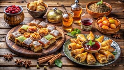 Fototapeta premium Exquisite Display of Middle Eastern Pastries and Teas on Rustic Table